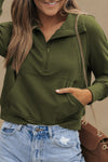 Brown Zip Up Stand Collar Ribbed Thumbhole Sleeve Sweatshirt