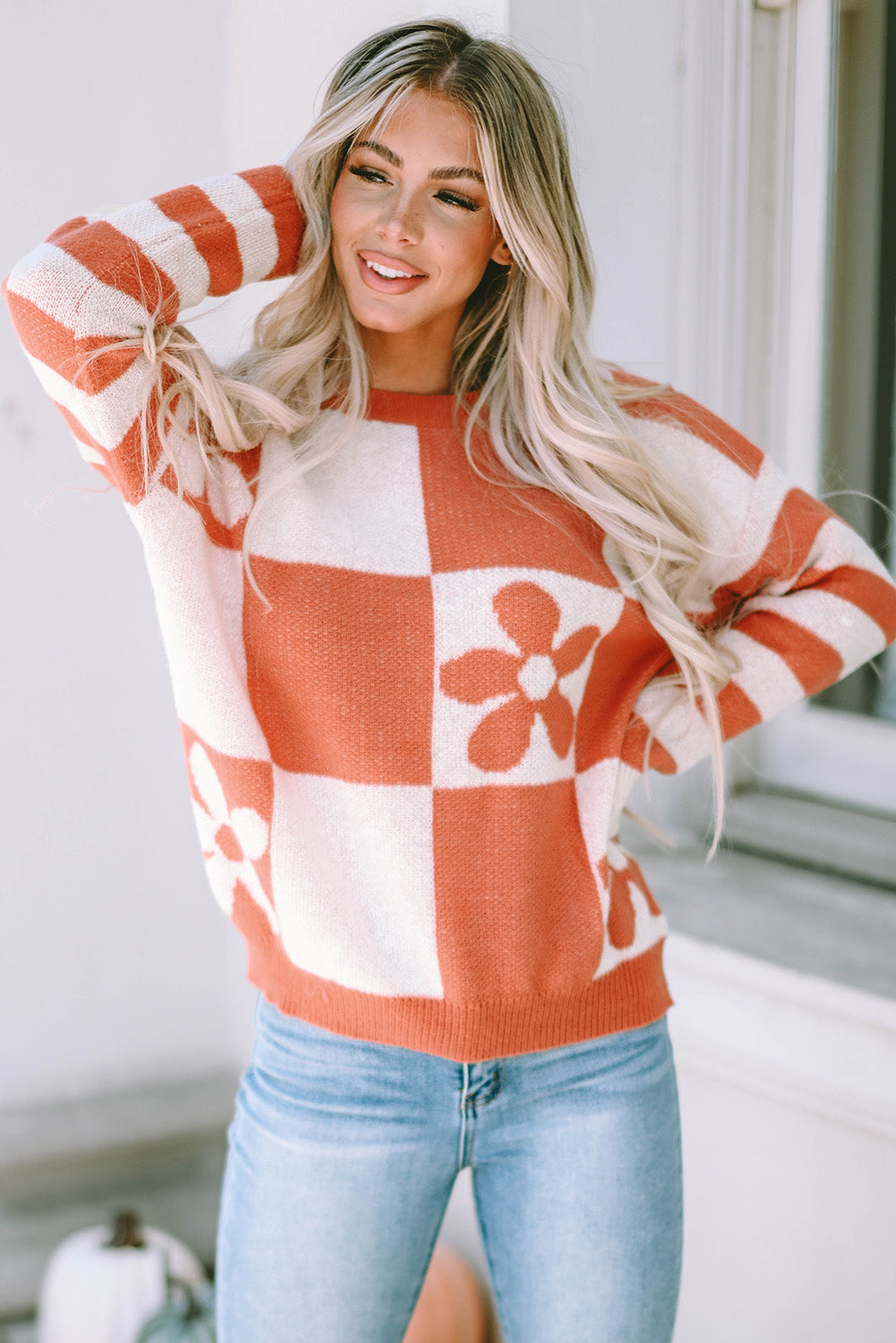 rose checkered flowr sweater - pink/orange/mist/orchid