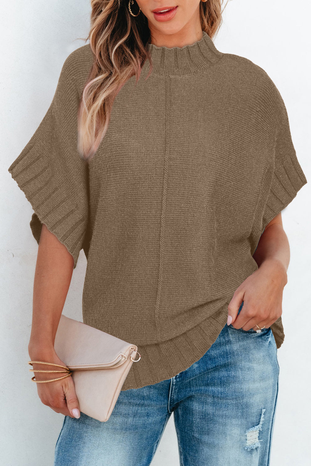 Black Mock Neck Batwing Short Sleeve Knit Sweater