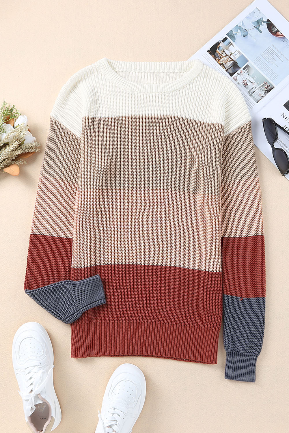 krissy chestnut block o-neck sweater - 3 color options