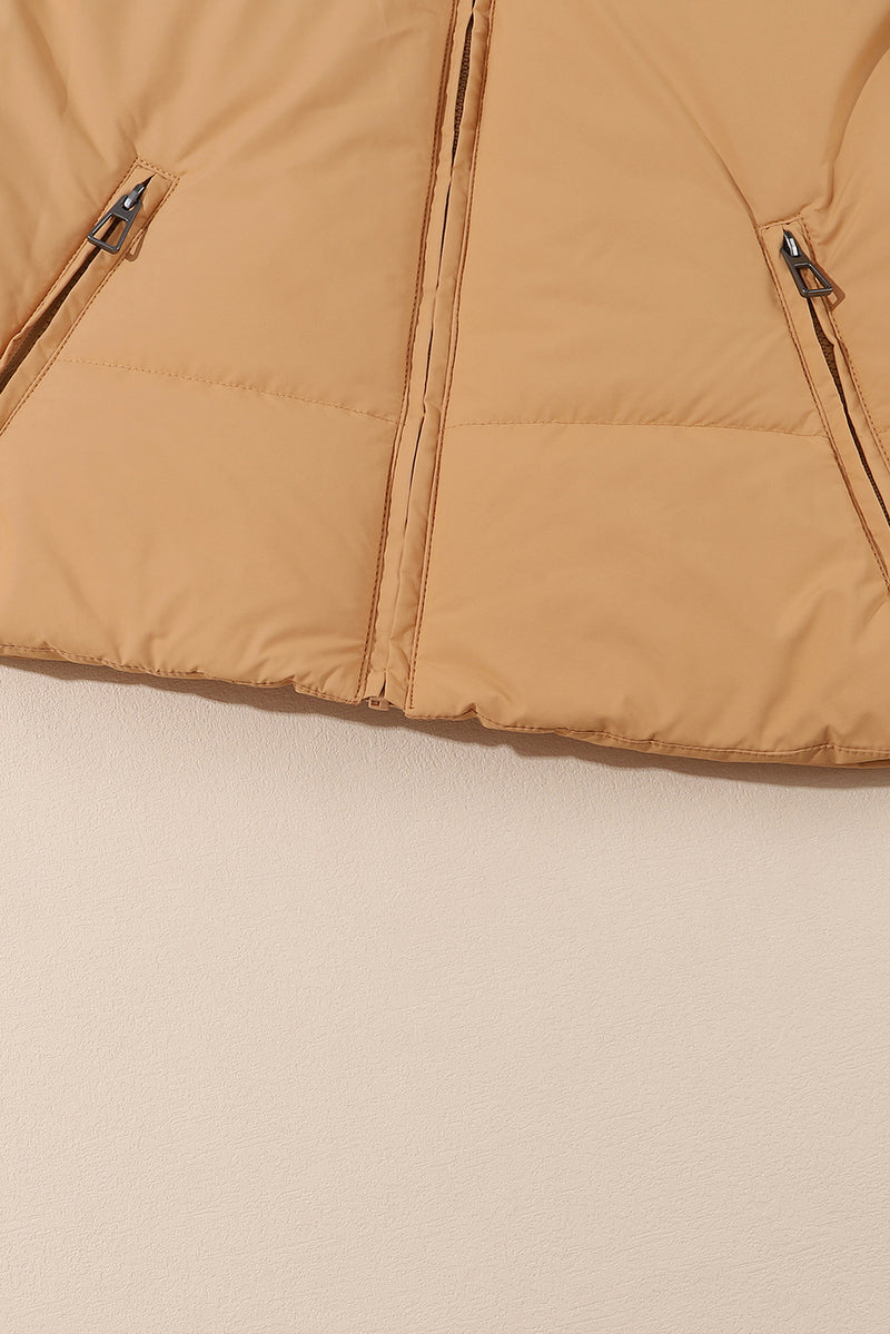 Brown Zip Up Pocketed Puffer Coat