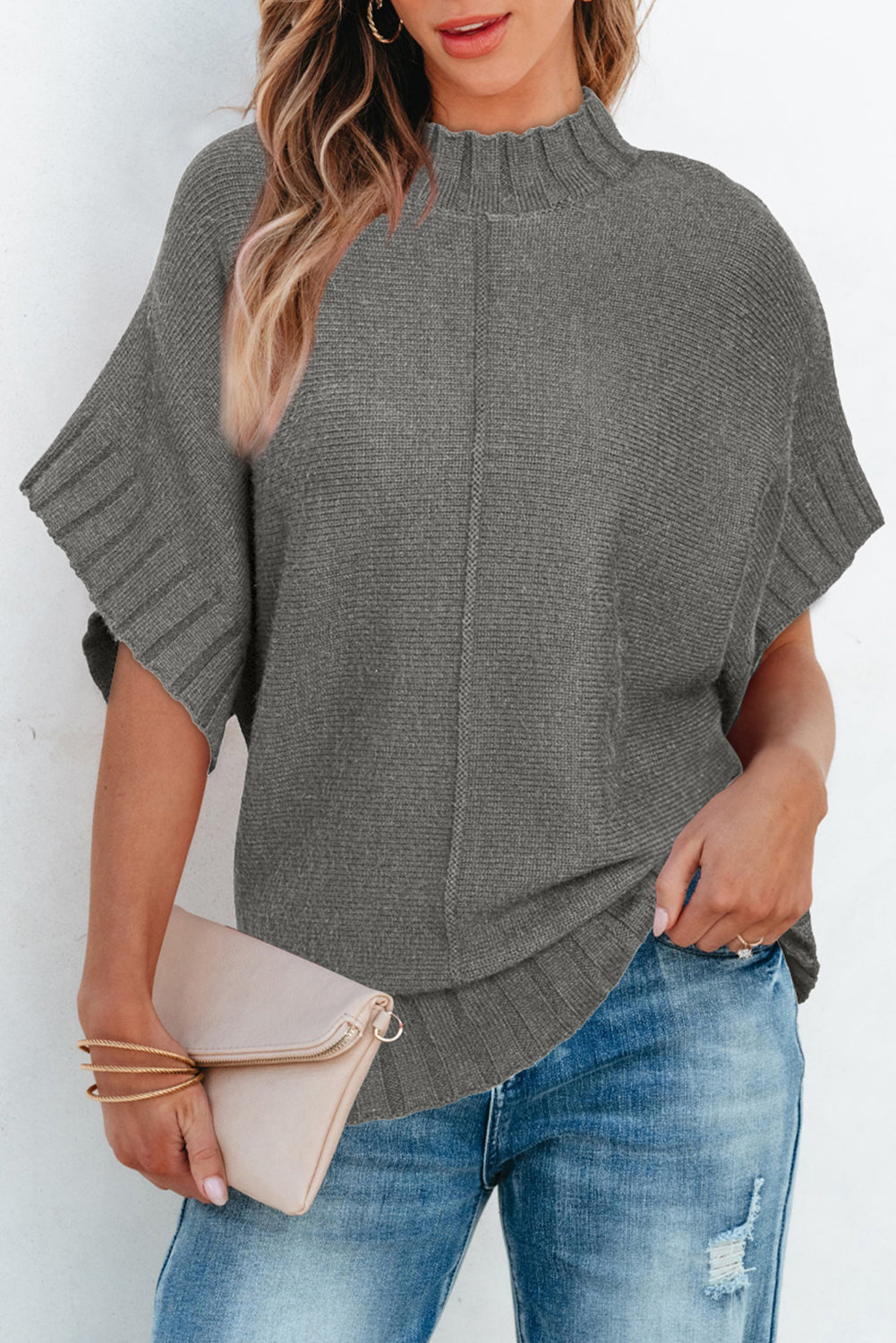 Black Mock Neck Batwing Short Sleeve Knit Sweater