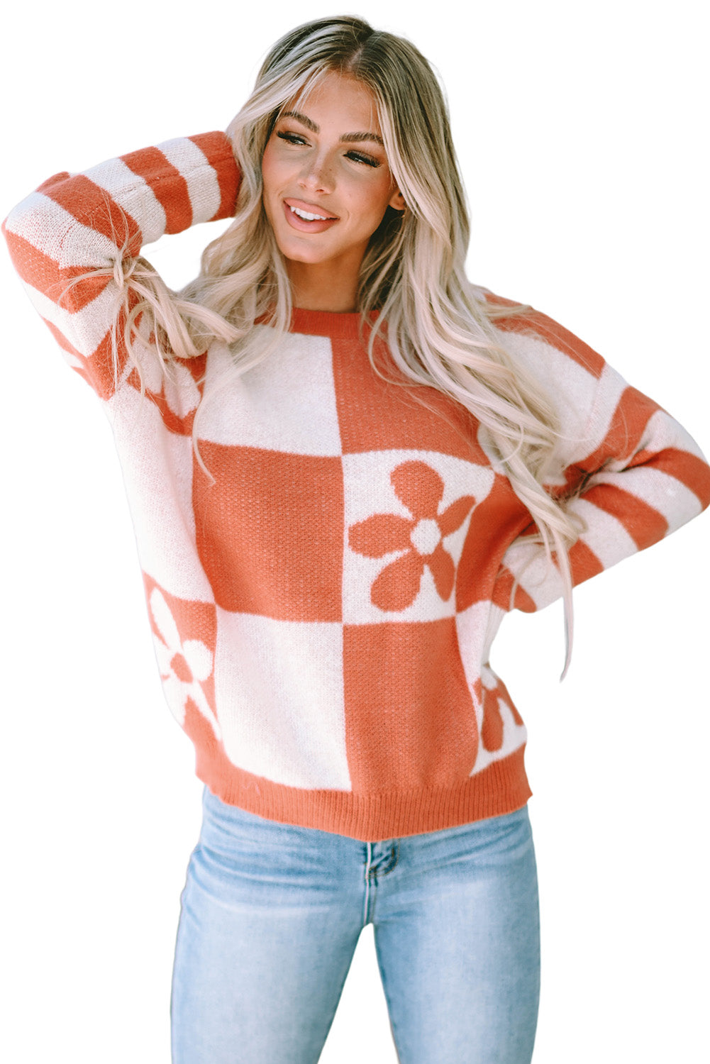 rose checkered flowr sweater - pink/orange/mist/orchid