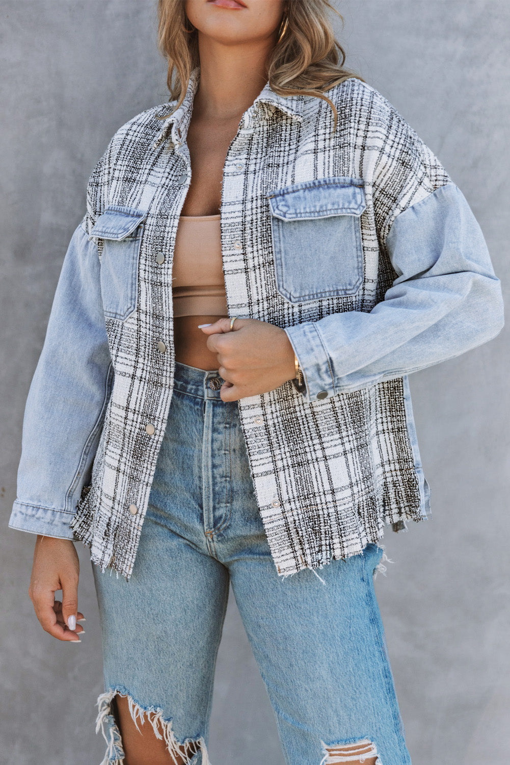 Sky Blue Plaid Patchwork Fringed Flap Pockets Denim Jacket