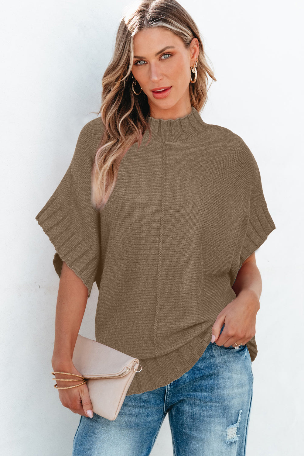 Black Mock Neck Batwing Short Sleeve Knit Sweater