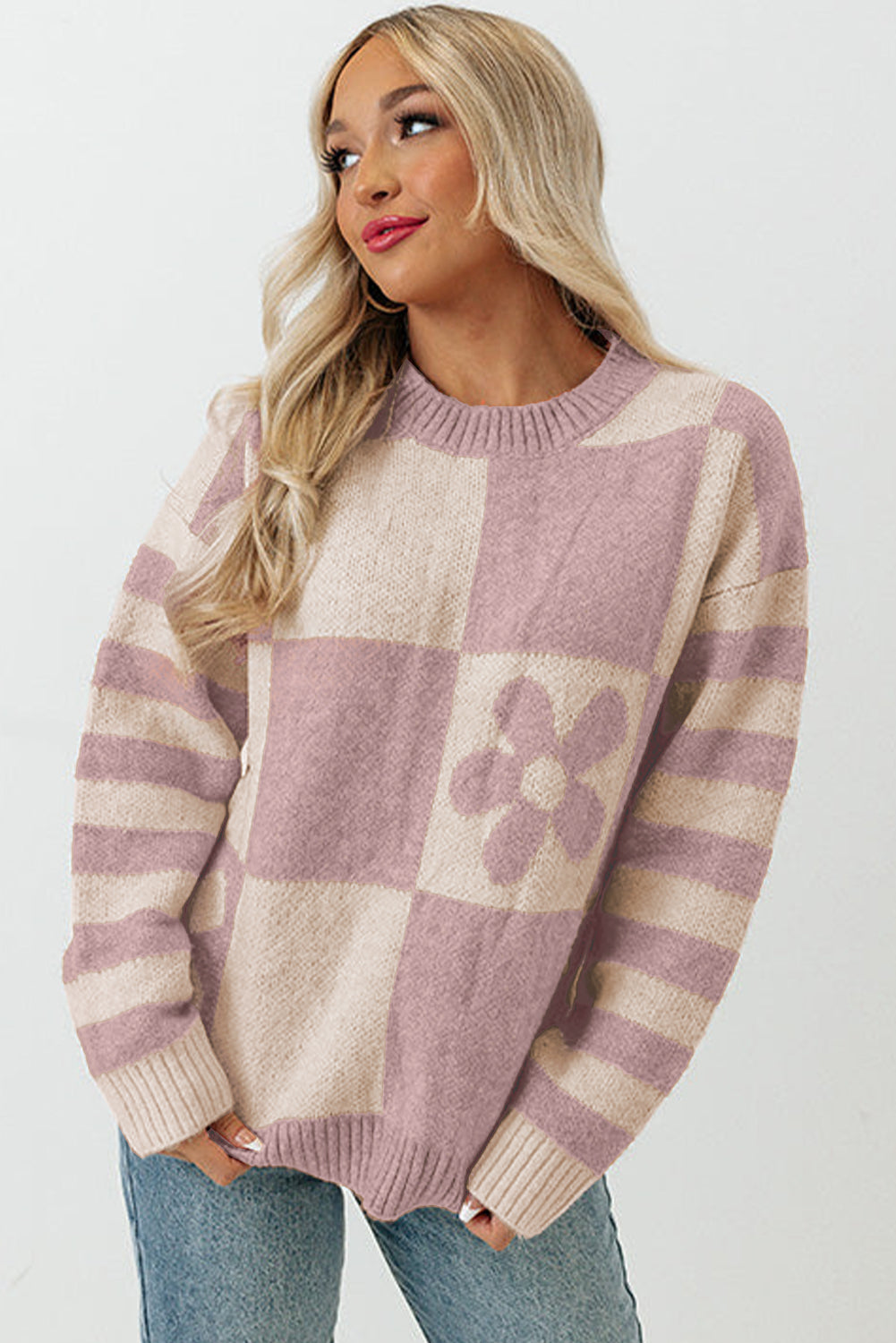 rose checkered flowr sweater - pink/orange/mist/orchid