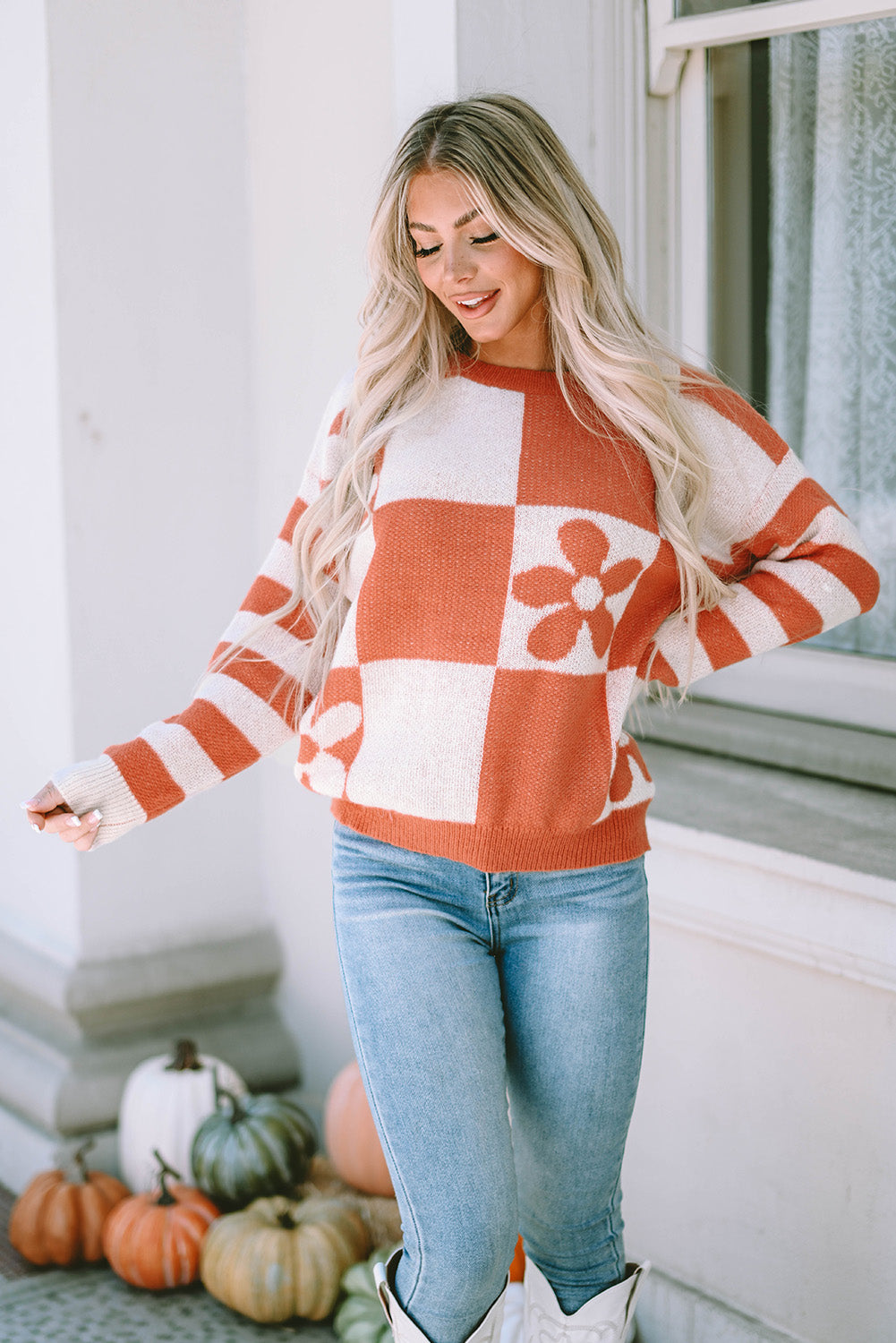 rose checkered flowr sweater - pink/orange/mist/orchid