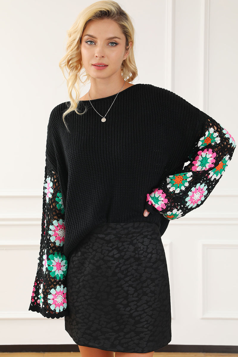 Rose Crochet Puff Sleeve Contrast Knit Sweater