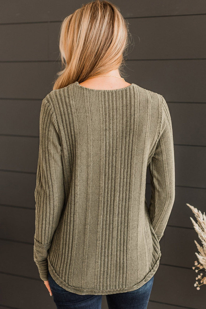 Jungle Green V Neck Buttoned Ribbed Knit Top