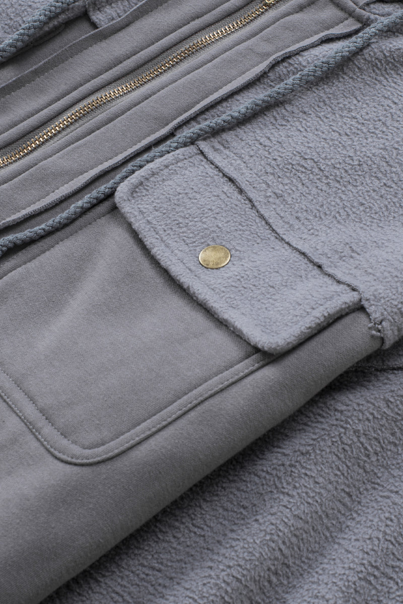 Gray Flap Pocket Drawstring Hood Zip Up Jacket
