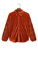 Brown Solid Color Textured Velvet Button Up Shirt