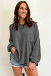 Gray Exposed Seam Patchwork Bubble Sleeve Waffle Knit Top