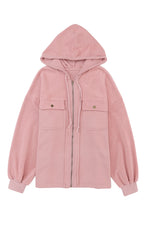 Pink Flap Pocket Drawstring Hood Zip Up Jacket