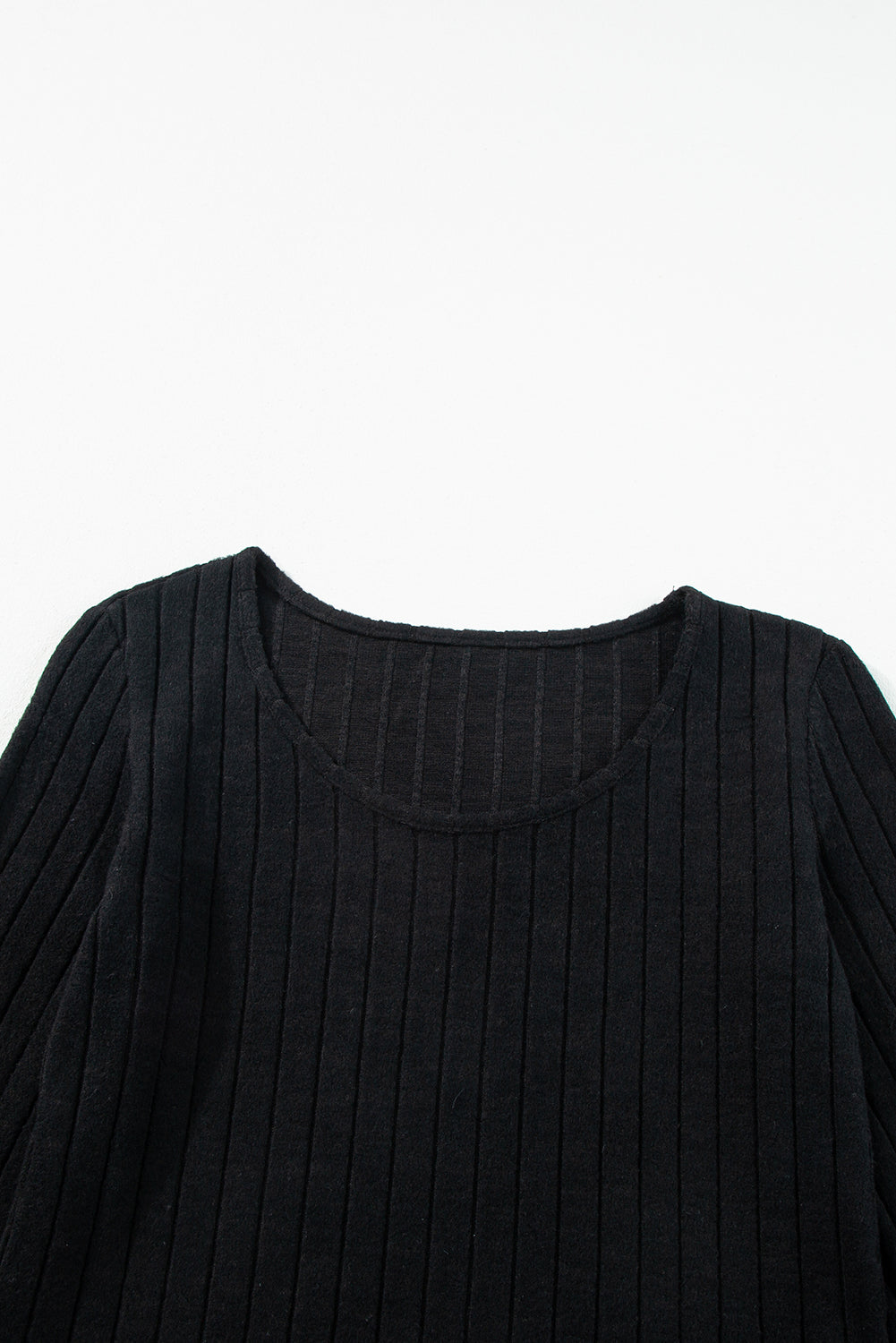 Black Ribbed Bishop Sleeve Round Neck Top