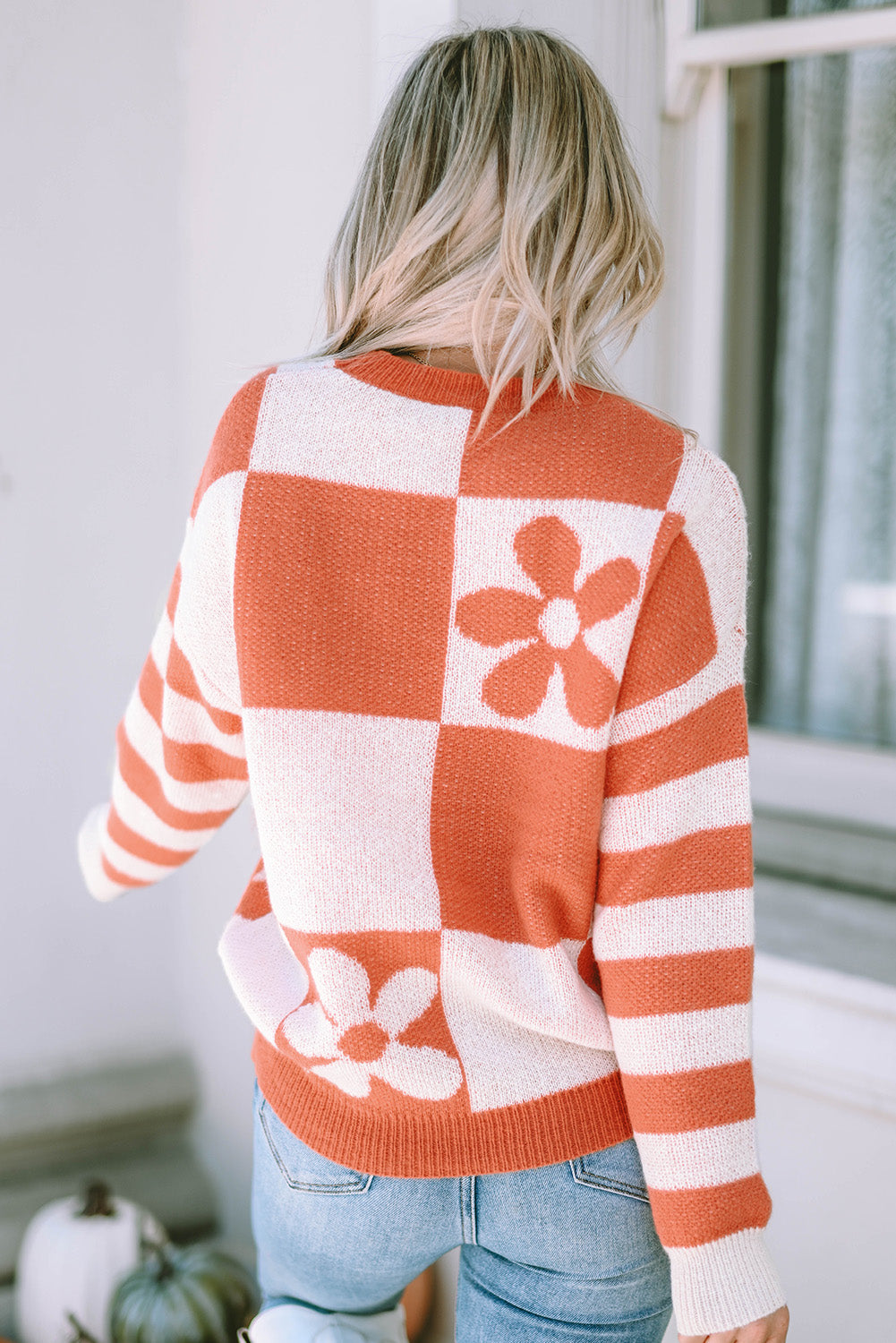 rose checkered flowr sweater - pink/orange/mist/orchid