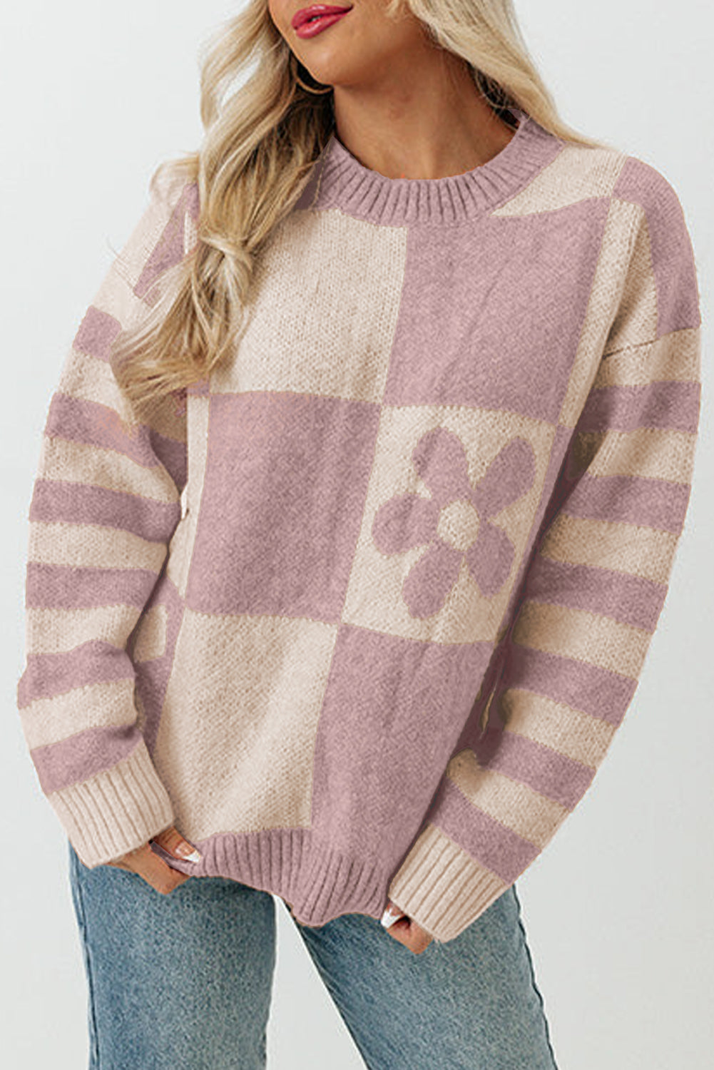 rose checkered flowr sweater - pink/orange/mist/orchid