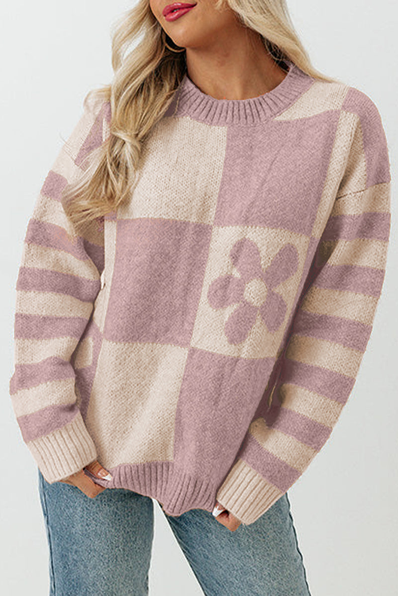 Strawberry Pink Checkered Floral Print Striped Sleeve Sweater