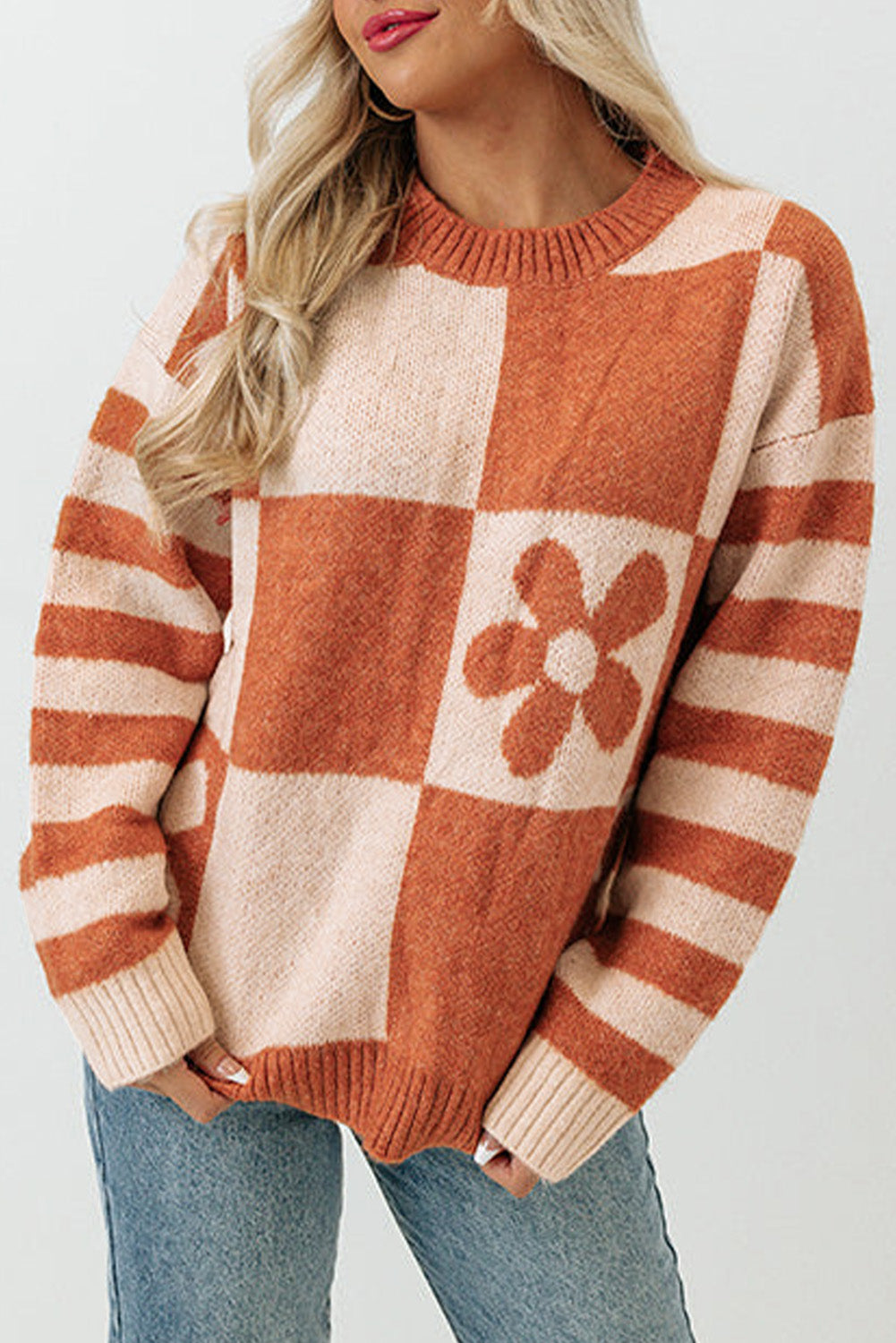 rose checkered flowr sweater - pink/orange/mist/orchid