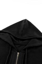 Black Flap Pocket Drawstring Hood Zip Up Jacket