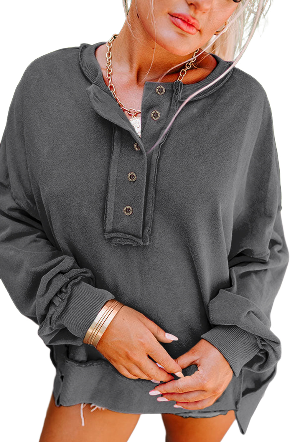Chestnut Drop Shoulder Henley Buttons Sweatshirt