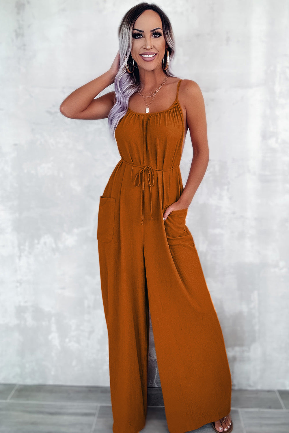 chelsea tie waist wide leg jumpsuit