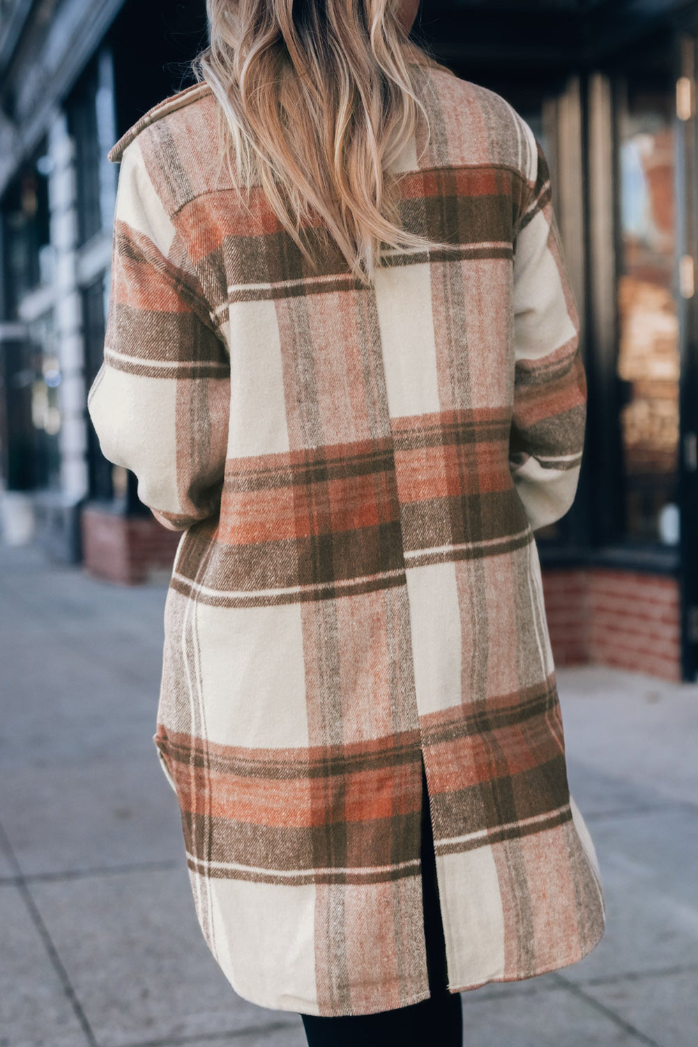 Mint Green Plaid Print Flap Pockets Long Shacket