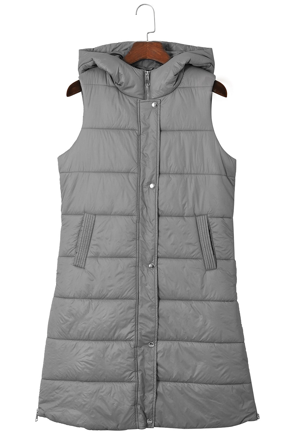 erin grey hooded long quilted vest coat