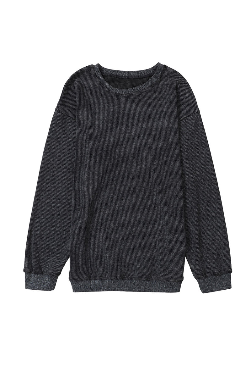 Khaki Solid Ribbed Knit Round Neck Pullover Sweatshirt