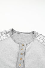 Gray Leopard Patchwork Exposed Seam Buttoned Neck Sweatshirt