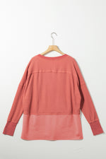 Mineral Red Exposed Seam Slit Neck Waffle Knit Patchwork Top