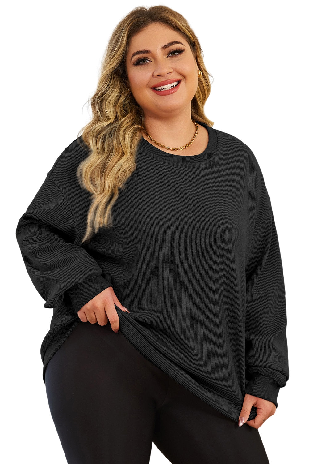 Khaki Solid Ribbed Knit Round Neck Pullover Sweatshirt