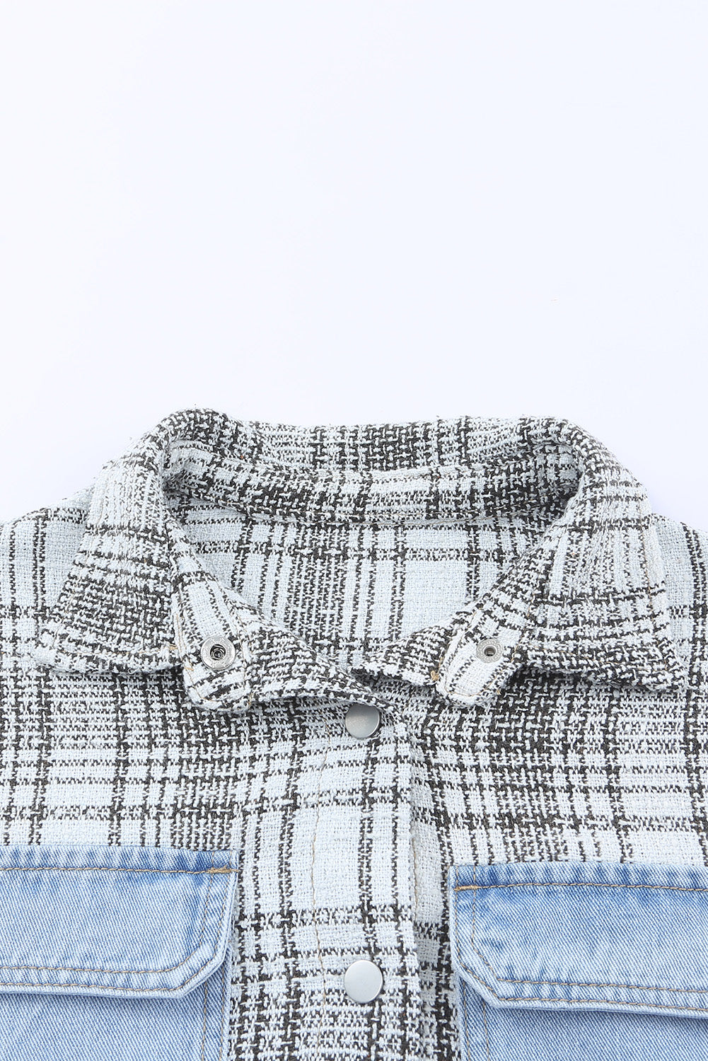 Sky Blue Plaid Patchwork Fringed Flap Pockets Denim Jacket