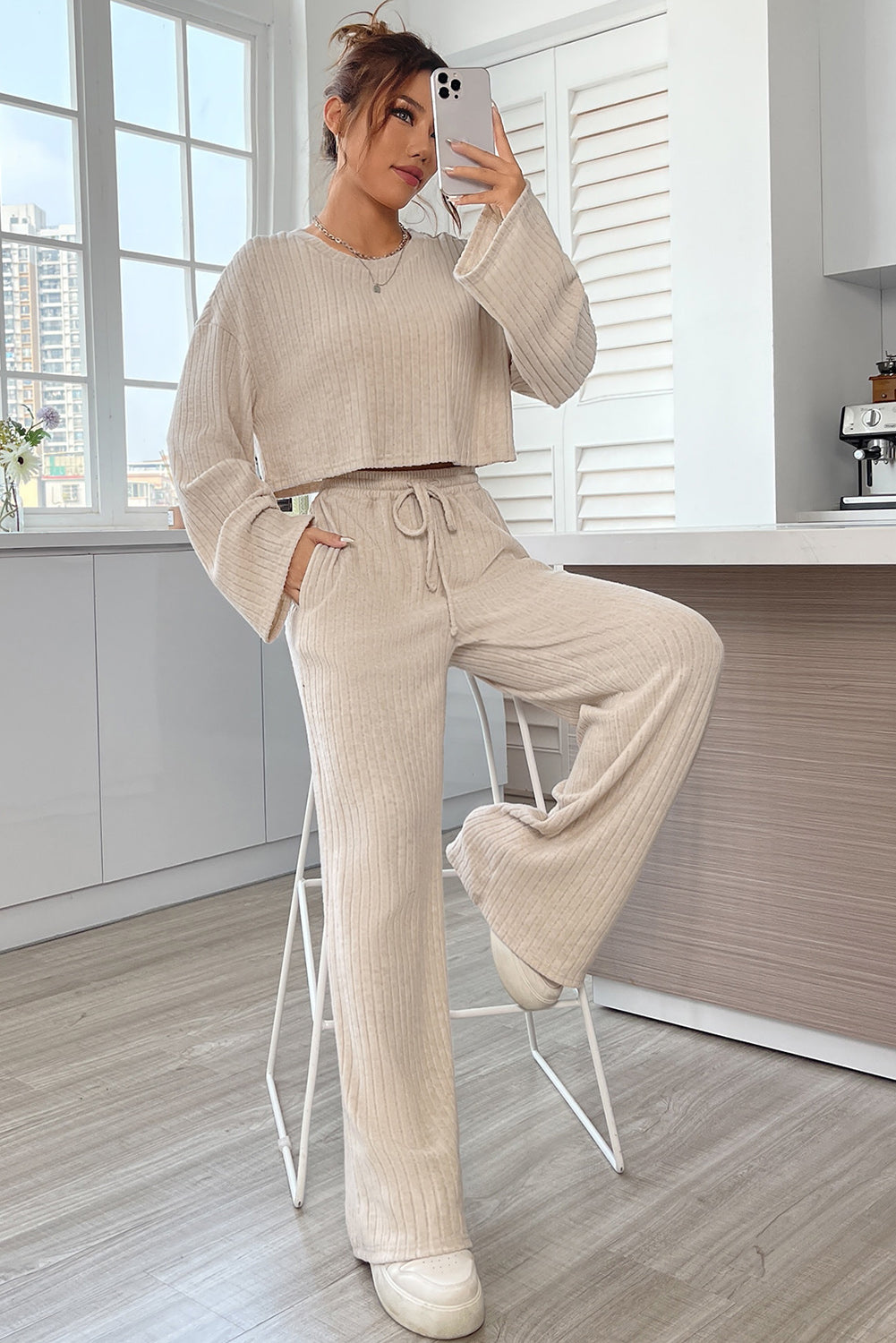Khaki Ribbed Knit V Neck Slouchy Two-piece Outfit
