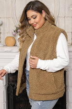 Brown Snap Button Pocketed Sherpa Vest Jacket