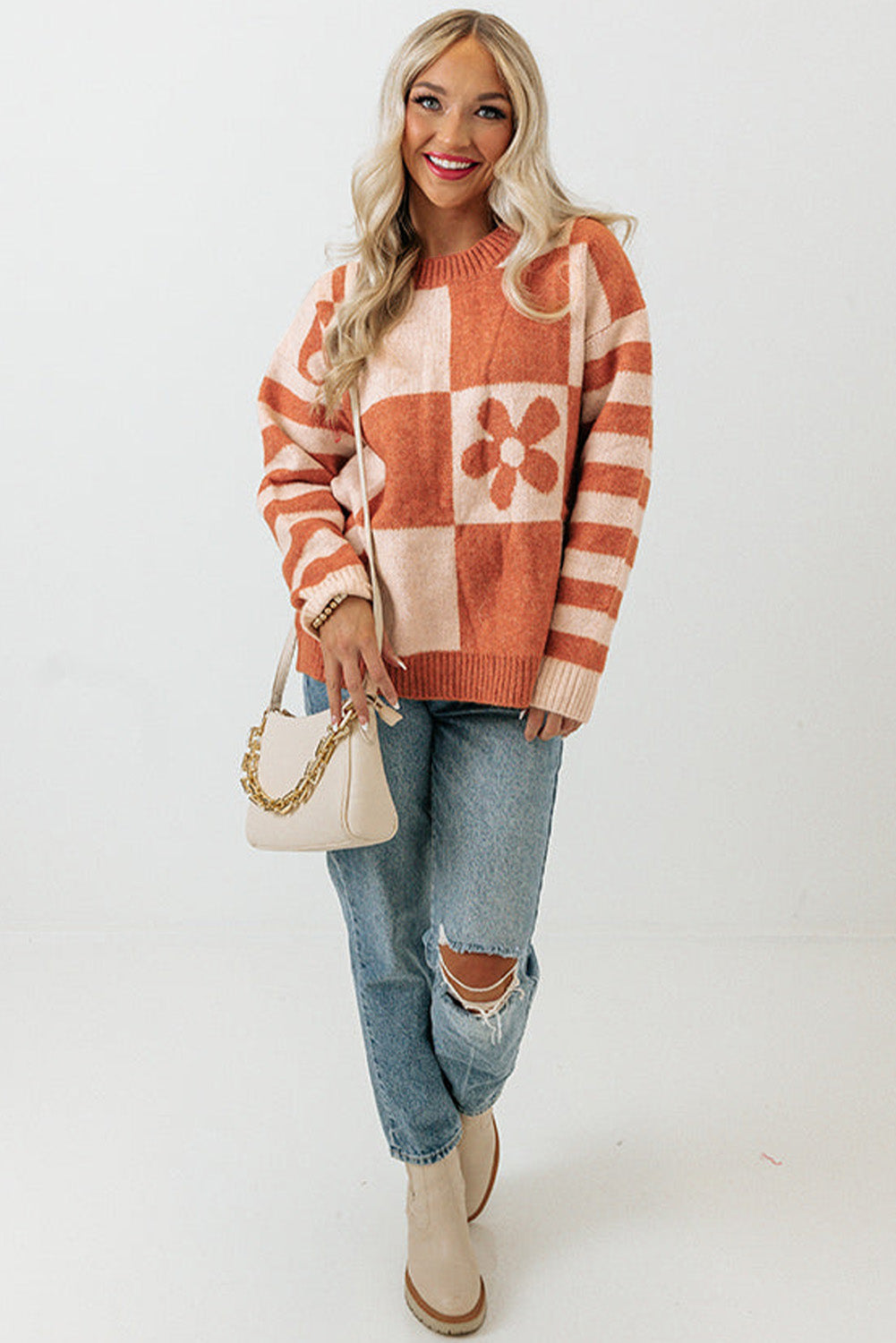 rose checkered flowr sweater - pink/orange/mist/orchid