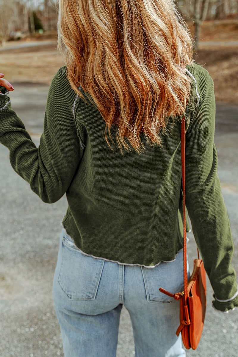 Brown Textured Round Neck Long Sleeve Top