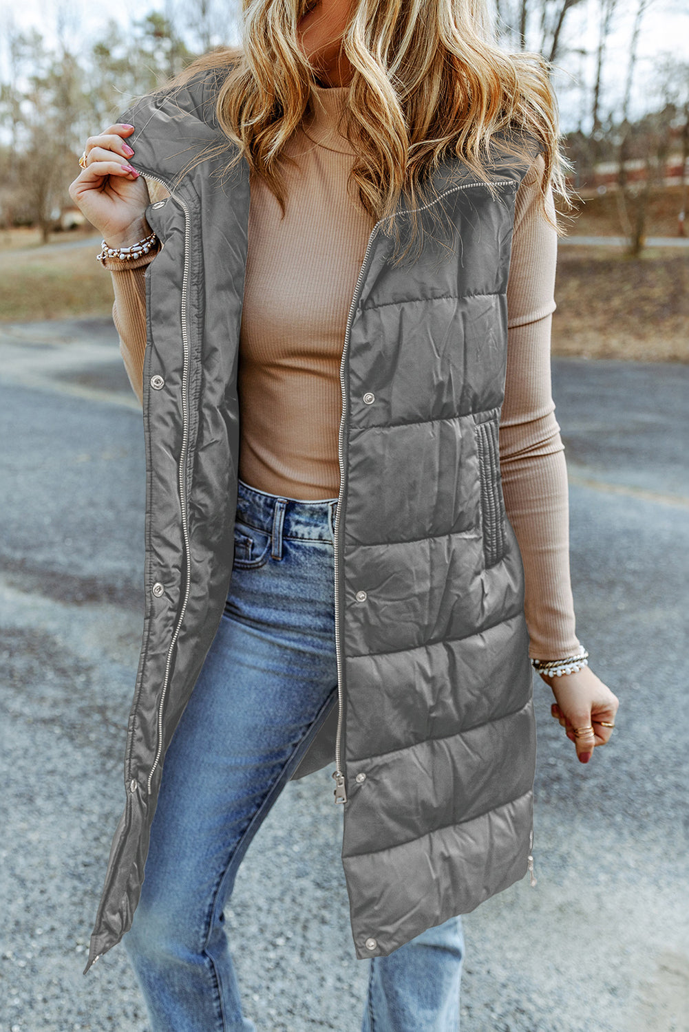 erin grey hooded long quilted vest coat