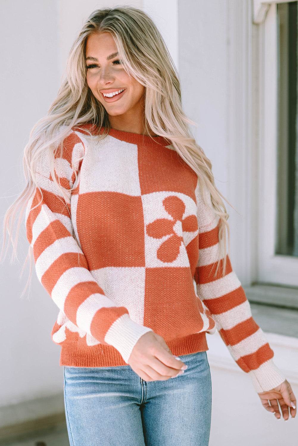 rose checkered flowr sweater - pink/orange/mist/orchid