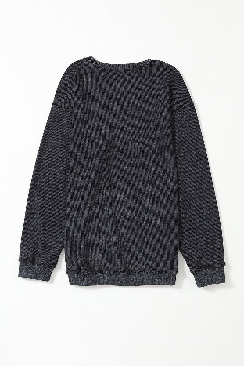 Khaki Solid Ribbed Knit Round Neck Pullover Sweatshirt