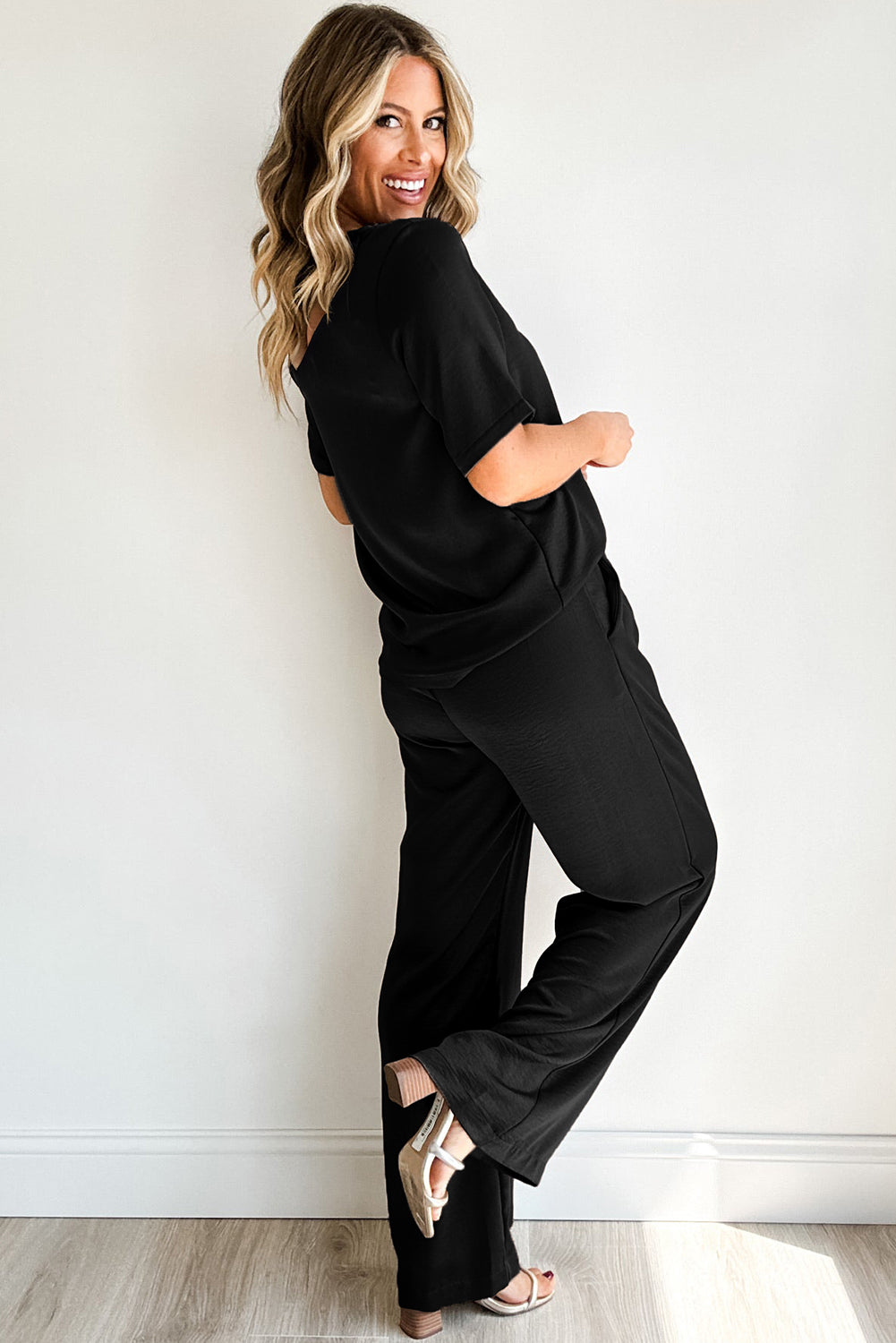 ella wide leg pant set - smoke and black