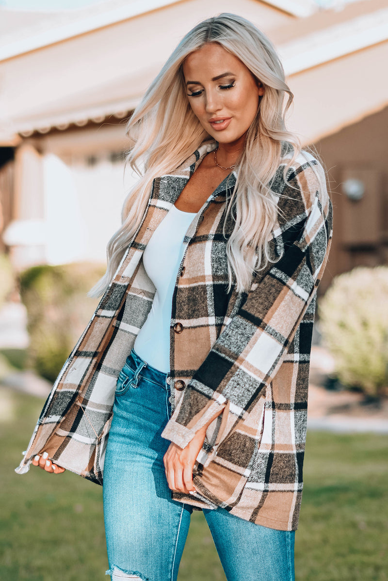 Red Plaid Print Buttoned Shirt Jacket