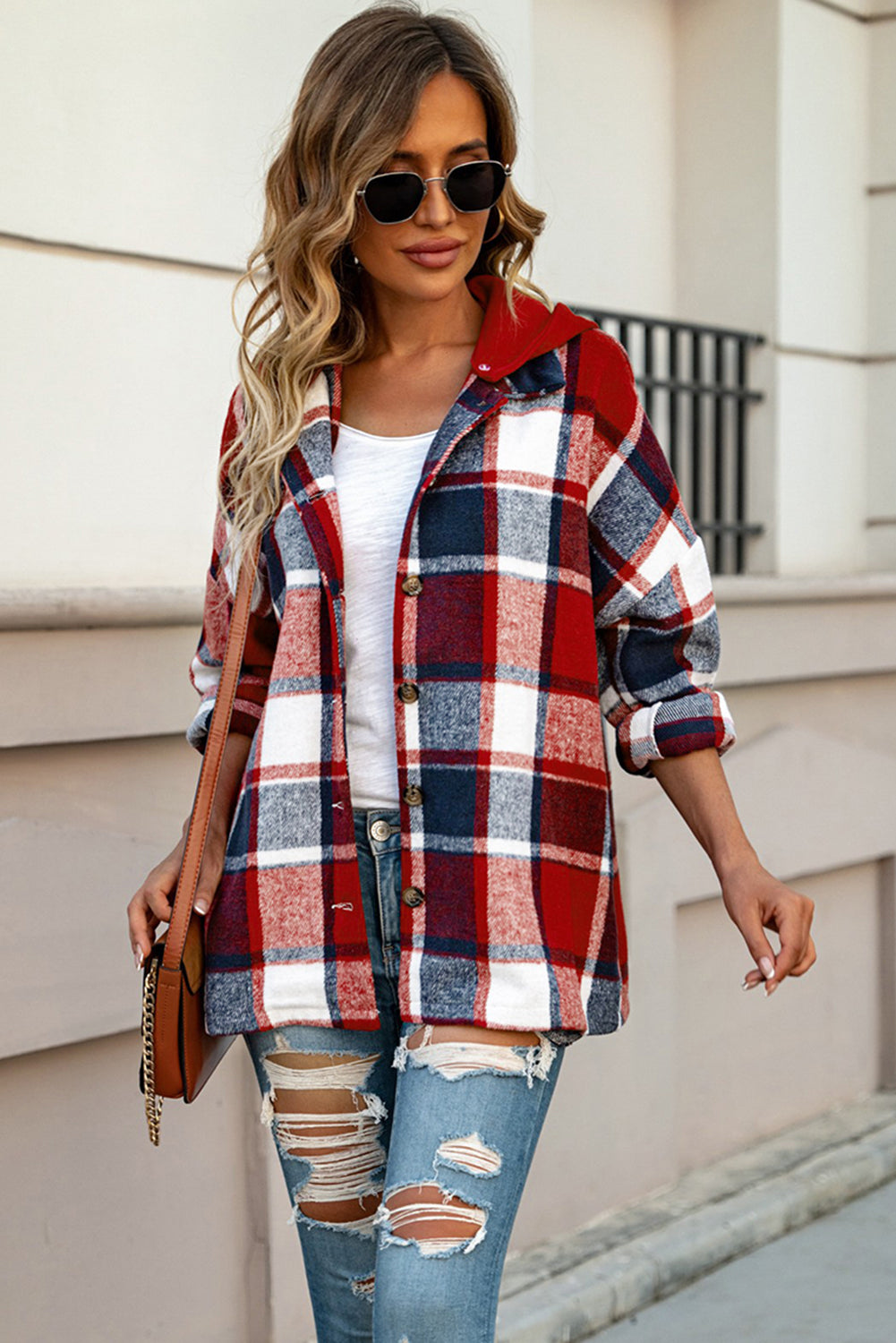 Fiery Red Hooded Plaid Button Front Shacket