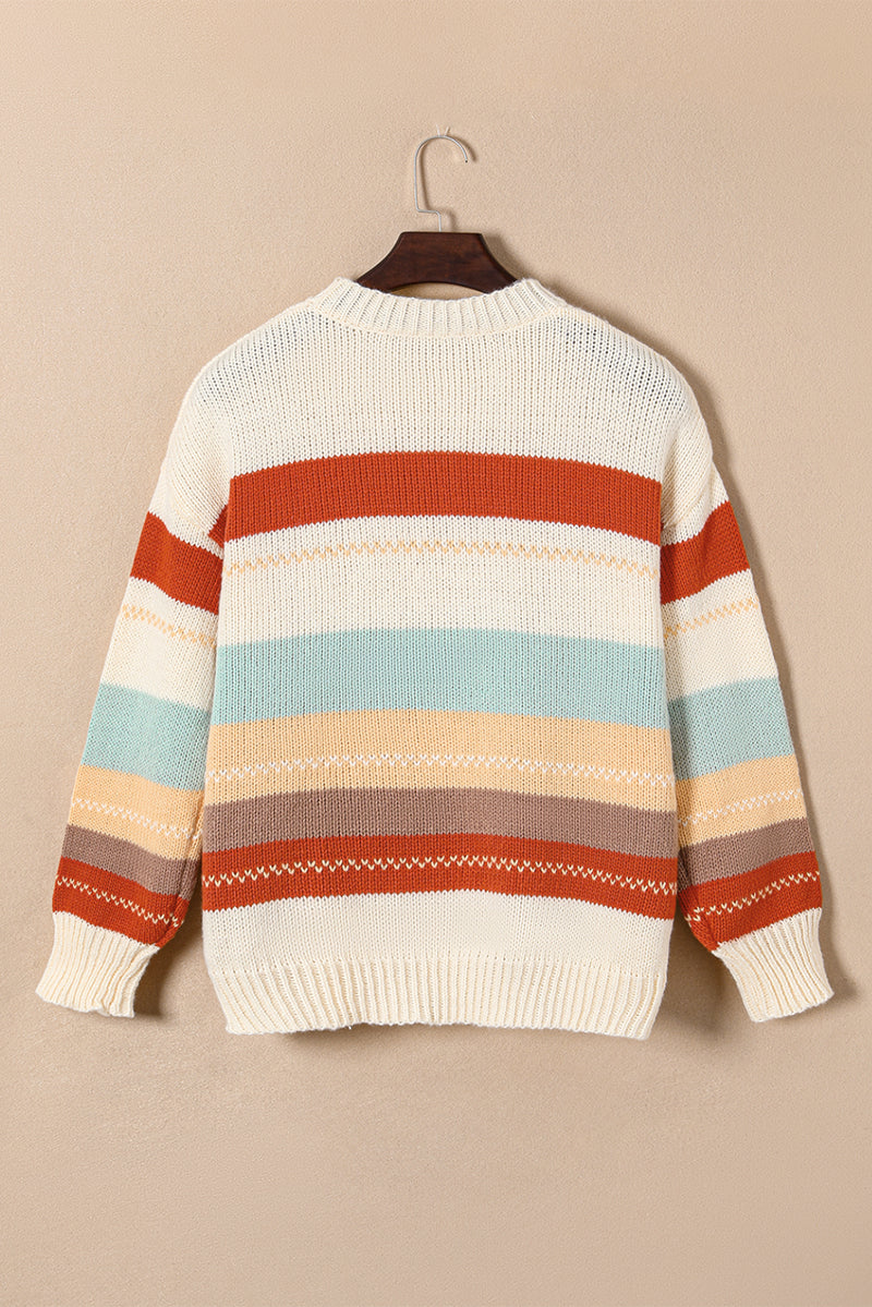 Crew Neck Drop-shoulder Striped Color Block Sweater