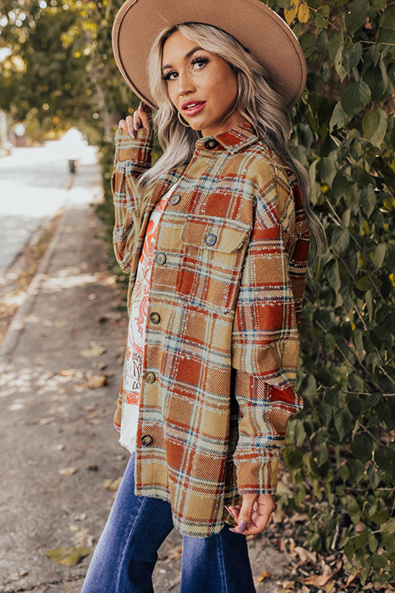 Fiery Red Oversized Flap Pockets Plaid Shacket with Slits