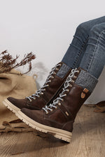 Coffee Wool Knit Patchwork Lace Up Leather Boots