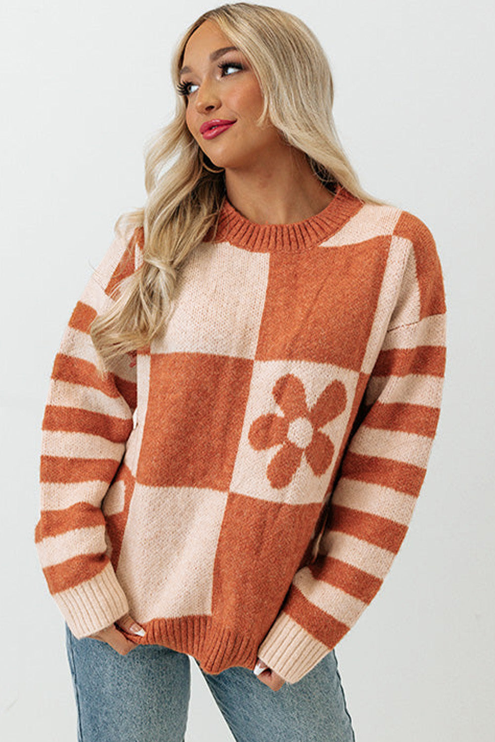 rose checkered flowr sweater - pink/orange/mist/orchid