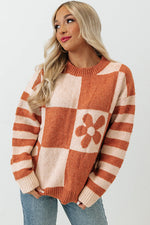 Strawberry Pink Checkered Floral Print Striped Sleeve Sweater