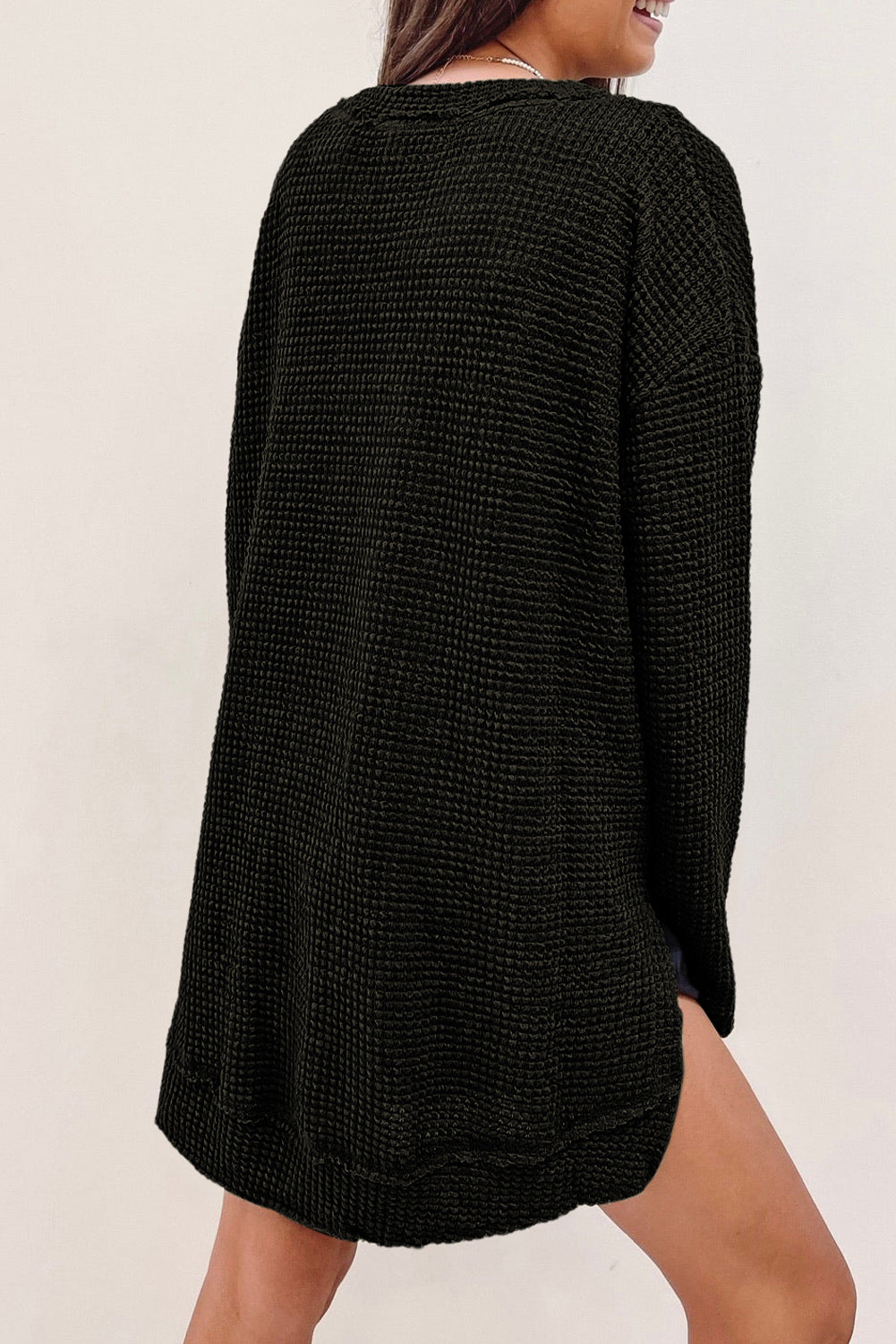 Khaki Waffle Knit High Slits Oversized Top