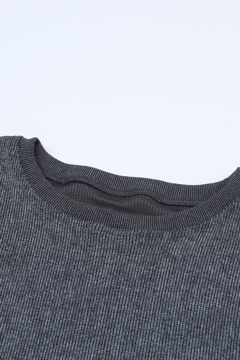 Gray Solid Ribbed Knit Round Neck Pullover Sweatshirt