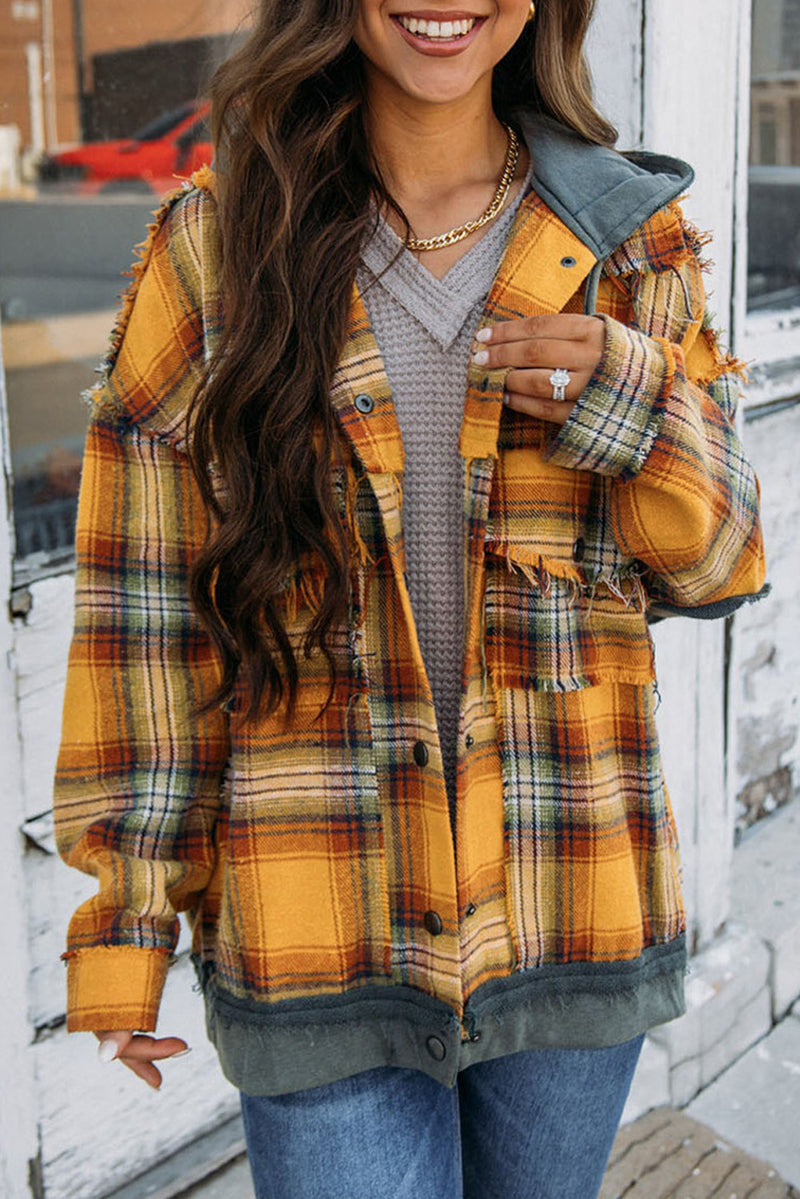 Medium Grey Plaid Patch Hooded Frayed Snap Button Jacket